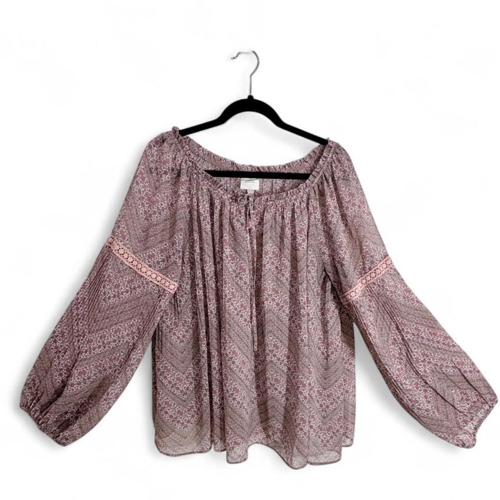 Knox Rose Boho Floral Peasant Blouse XL Pink brown Beachy Resortwear coverup